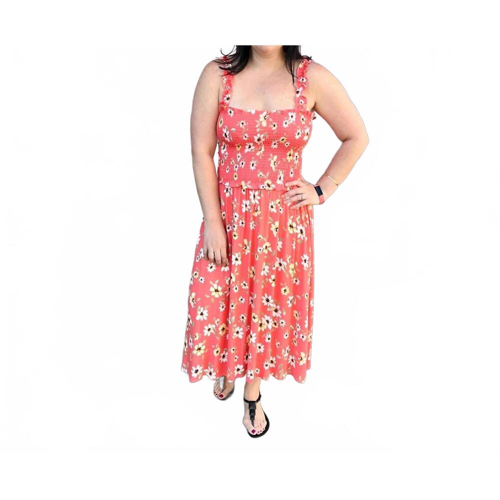 NEW LES AMIS floral smocked tank top midi dress in peach multi